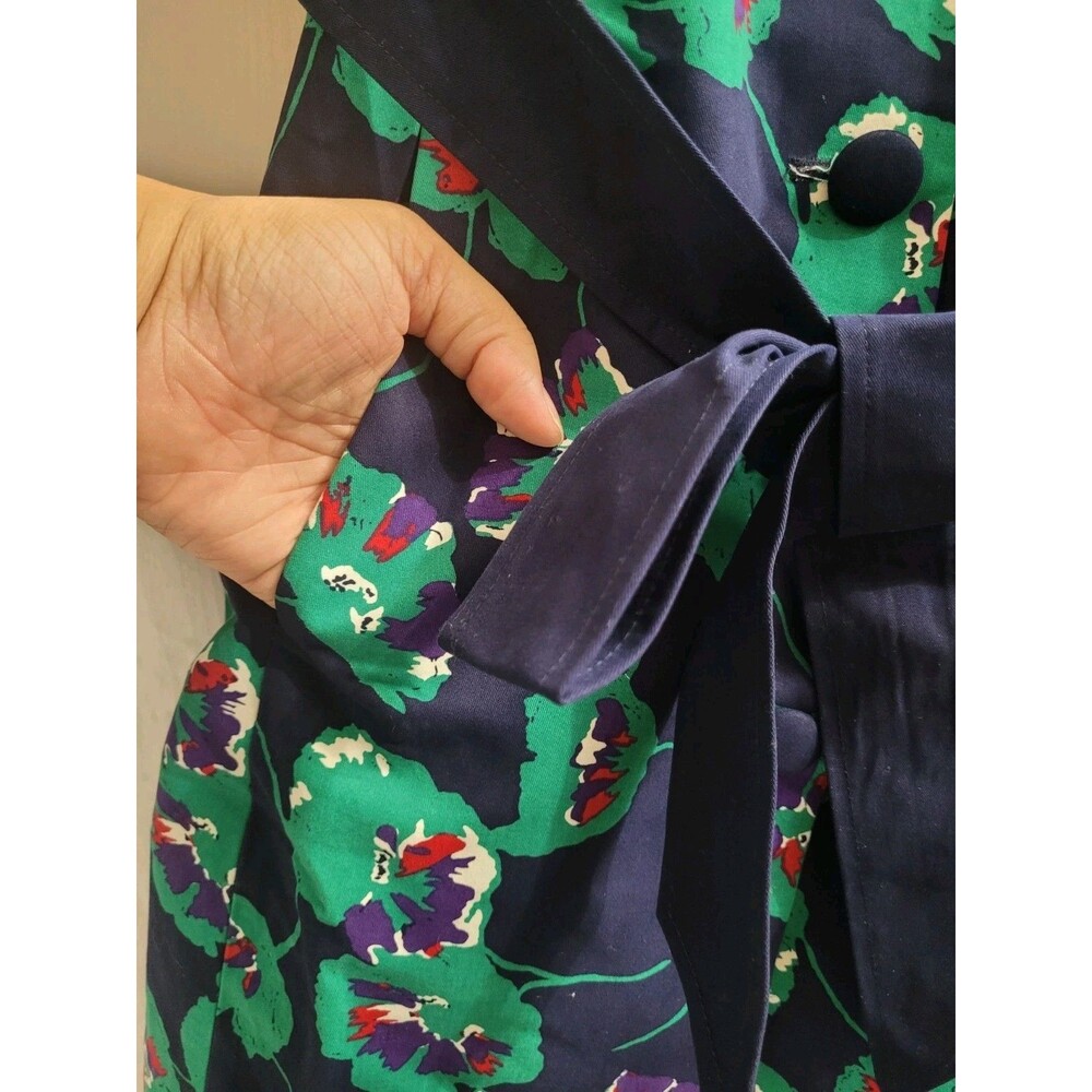 ModCloth Retro Delightful Directions Floral Trench Coat XL Cotton Belted Navy - Picture 4 of 10